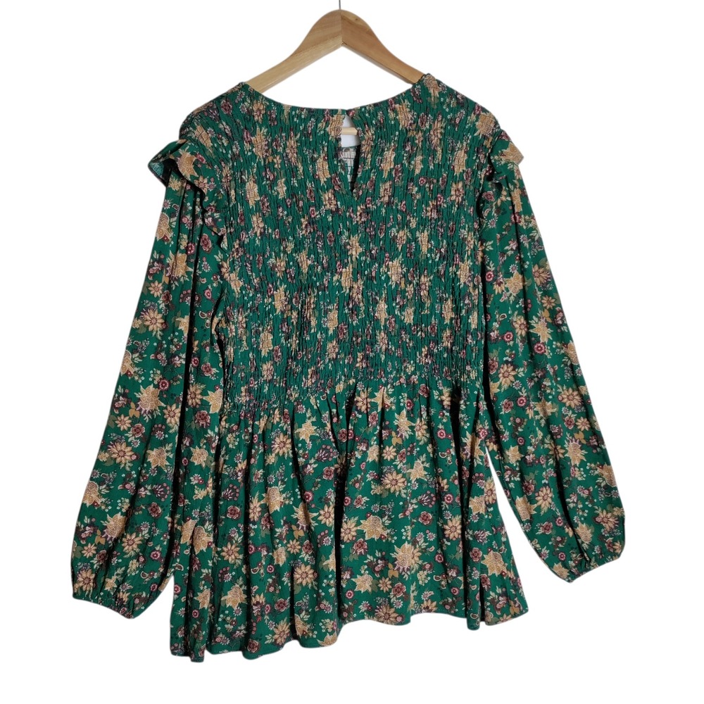 Torrid Green Floral Smocked Babydoll Blouse Ruffle Long Sleeve Top Plus Size 1
